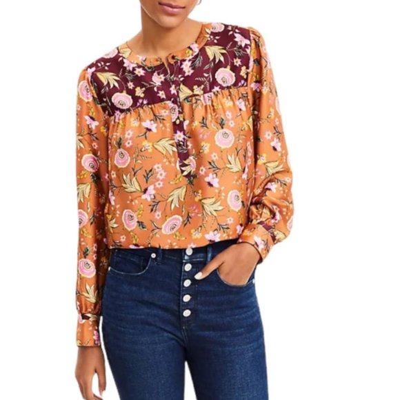 Loft Mixed Print Floral Henley Blouse Size Medium - Picture 3 of 13